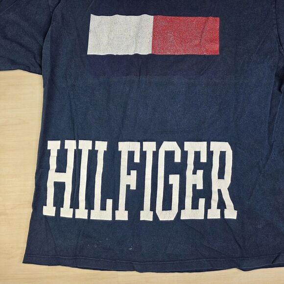 Vintage 90s Tommy Hilfiger Spell Out Double Sided Shirt‎ Navy Size XL DISTRESSED - Picture 10 of 10